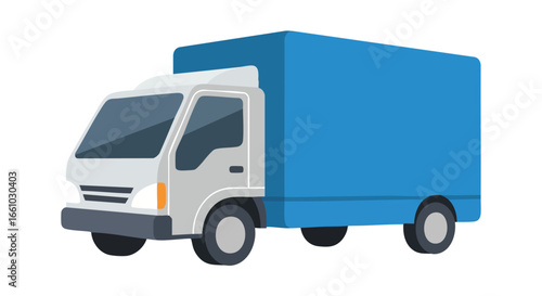 Depiction of a delivery truck with a blue container for transporting goods and materials in a logistics scenario displaying a modern logistics concept