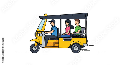 Vibrant transportation: a stylized cartoon illustration of a tuk-tuk carrying tourists, perfect for travel guides and cultural promotions