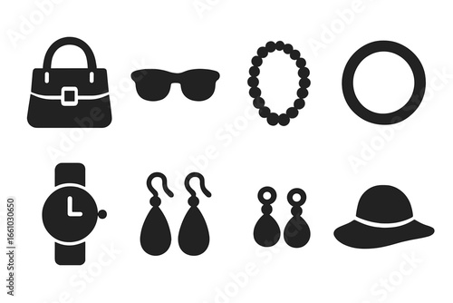 Fashion accessories icon set. Woman's style collection. Solid glyph icons of handbag, sunglasses, necklace, bracelet, watch, earrings, and hat. Vector silhouette illustration.