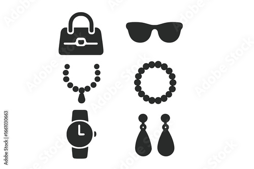 Fashion accessories icon set. Solid glyph icons collection of handbag, sunglasses, necklace, bracelet, watch, earrings. Woman style and beauty concept symbols for web design.