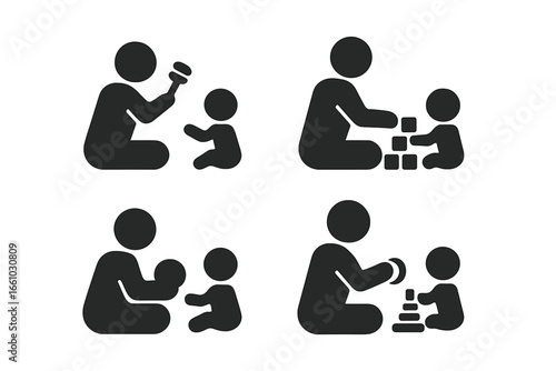 Fatherhood icon set. Dad playing with baby. Father and son. Childcare, parenting concepts. Man with toddler and toys like building blocks, rattle, ball, stacking rings glyphs.