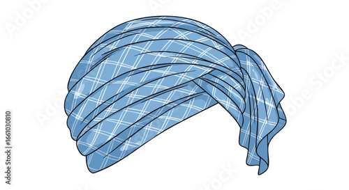 Stylized illustration showcases a light blue turban with a white plaid pattern and draped folds, isolated on a clean white background