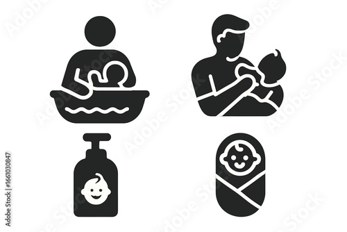 Fatherhood baby care solid glyph icon set. Dad bathing and feeding newborn. Paternity leave parenting symbols. Family life, childcare, swaddling, baby lotion vector icons.
