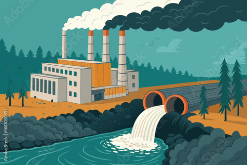 A stark industrial factory with multiple large pipes spewing dark, polluted waste directly into a flowing river, emphasizing environmental degradation and industrial impact.