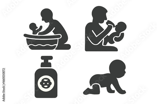 Fatherhood baby care icon set. Man feeding and bathing infant. Solid glyph collection for parenting, paternity leave, newborn routine. Dad with child, crawling baby, and lotion.
