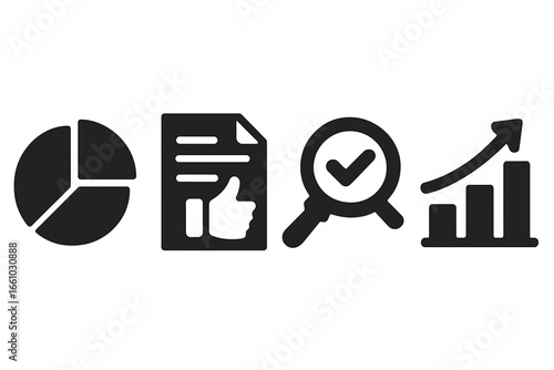 Feedback analysis and business reporting vector icon set. Solid glyphs for data analytics, pie chart, growth graph, quality review document, and customer satisfaction survey.