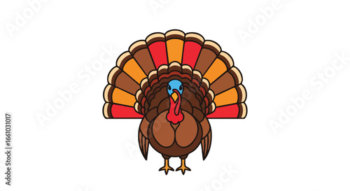 Stylized turkey illustration with a vibrant plumage display for festive designs and seasonal decorations or cards and digital projects with a