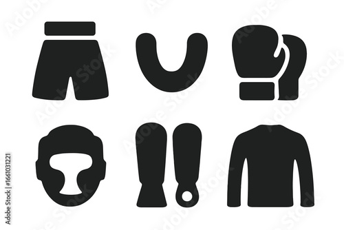 Fight gear solid icon set. Vector illustration of MMA and boxing equipment. Includes shorts, mouthguard, gloves, headgear, shin guards, and rash guard. Black glyph pictograms.