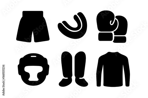 Fight gear solid icon set. MMA, boxing, martial arts equipment silhouette. Vector collection of gloves, headgear, mouthguard, shorts, shin guards, and rash guard for training.
