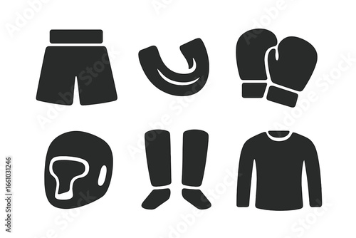 Fight gear solid icon set. MMA, boxing, combat sport equipment vector illustrations. Protective apparel glyphs: shorts, mouthguard, gloves, headgear, shin guards, rash guard.