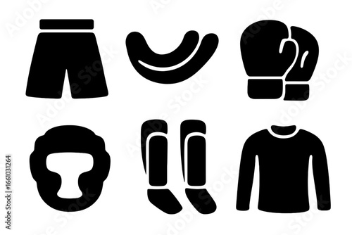 Fight gear icon set. Combat sports equipment for MMA, boxing, kickboxing. Includes shorts, mouthguard, gloves, headgear, shin guards, rash guard. Solid black vector glyphs.