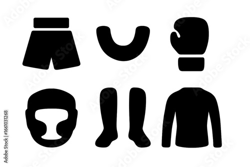 Fight gear solid icon set. MMA and boxing equipment vector silhouettes. Combat sport apparel with shorts, mouthguard, glove, headgear, shin guards, and rash guard. Protective glyphs.