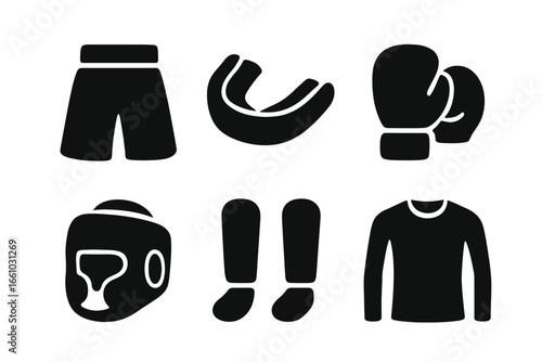 Fight gear solid glyph icon set. Combat sports equipment collection for MMA, boxing, kickboxing. Includes gloves, headgear, mouthguard, shin guards, shorts, rash guard vector.