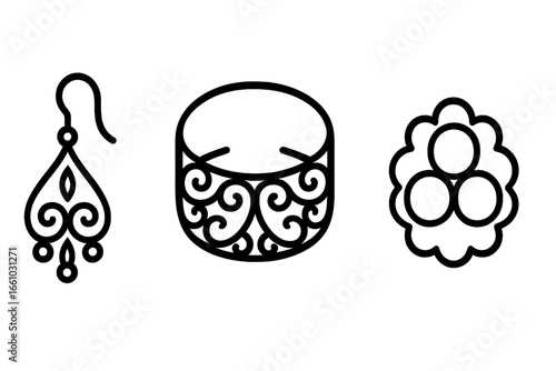 Filigree metalwork jewelry icon set. Vector outline illustration of luxury handmade accessories. Includes openwork earring, decorative bracelet, and granulation style brooch.