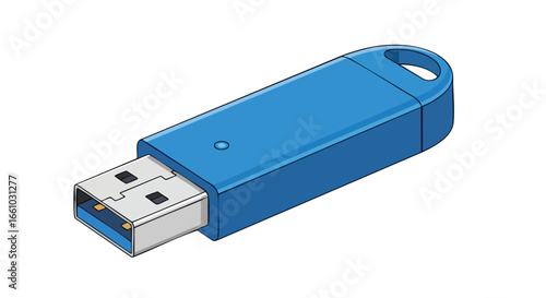 Illustration of a blue USB flash drive, depicting data storage and technology connection used for transferring of files on white background