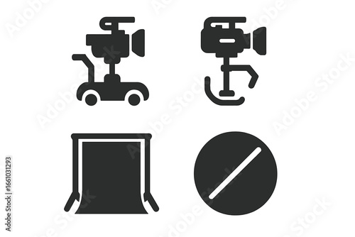 Film crew equipment solid icon set. Vector glyphs of camera dolly, steadicam, stabilizer rig, green screen backdrop, and light reflector for filmmaking and video production.