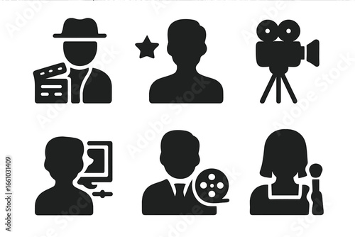 Film roles icon set. Movie production crew glyphs. Director, actor, cameraman, editor, producer, makeup artist solid pictograms. Cinema industry professions vector symbols.