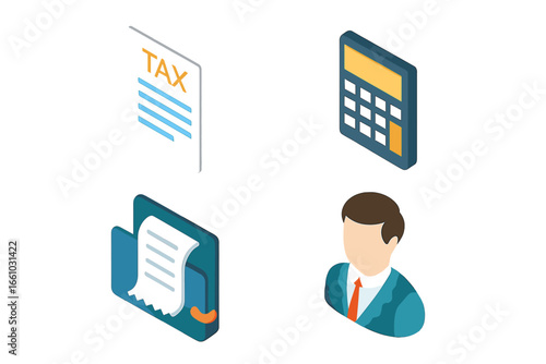 Finance icon set. Isometric vector illustration of tax and financial management. Tax form, calculator, receipt folder, and accountant avatar icons. Accounting and bookkeeping concept.