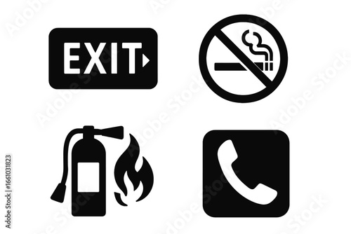 Fire safety solid glyph icons set. Vector collection of black warning and prohibition signs. No smoking, fire extinguisher, emergency phone and exit symbols. Evacuation info pictograms.