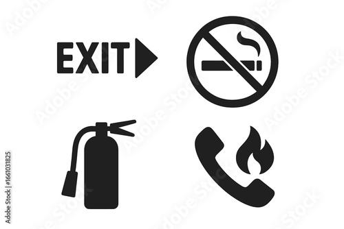 Vector icon set of essential fire safety signs. Includes emergency exit, no smoking area, fire extinguisher location, and emergency fire call symbol. Solid pictogram collection.