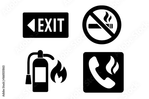 Fire safety solid icons set. Emergency evacuation signs collection. Vector pictograms of exit sign, no smoking, fire extinguisher, and emergency phone for public places.