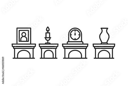 Fireplace mantel icons set. Outline vector illustration of decorating a mantelpiece with framed photo, candle holder, antique clock, and decorative vase. Home interior design concept.