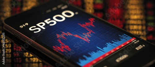 A smartphone displays the SP500 index with a graph on a digital background, illustrating market trends and financial analysis.