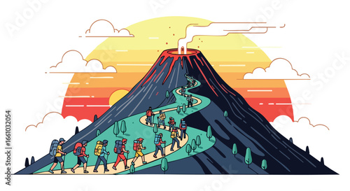 Illustrative adventure up an active volcano with hikers, a graphic representation of outdoor exploration under a colorful sunset sky