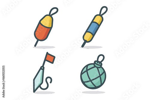 Fishing buoys icon set. Includes bobber, marker, glass float, lobster and crab pot buoys. Nautical marine equipment vector illustration for sea and ocean fishing concepts.
