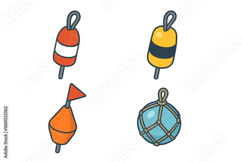 Fishing buoys icon set. Isometric vector illustration of various marine floats. Lobster pot, crab pot, net marker buoy, and glass float for nautical or sea-themed design.