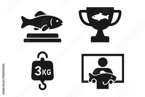 Fishing trophy and record icon set. Vector glyphs of mounted fish prize, winner cup award, catch weight, and fisherman with big fish photo. Angling competition symbols.