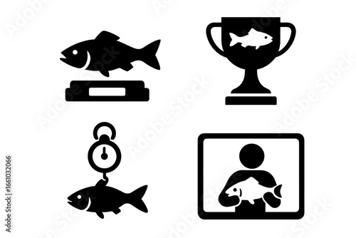 Fishing trophy and record solid icons set. Vector pictogram collection for angling competition, champion award, and biggest catch. Includes fish weight scale and photo moment.