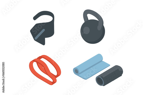 Fitness equipment icon set in isometric style. Vector illustration of a kettlebell, wrist wraps, resistance band, yoga mat, and foam roller. Gym workout, strength training, home gym.