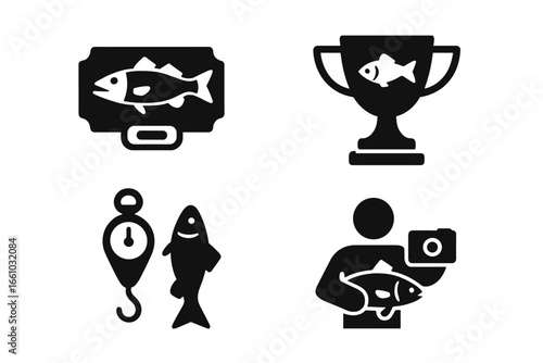 Fishing trophy solid glyph icon set. Vector icons of mounted fish, award cup, weighing the catch, and fisherman photo. Sport fishing, competition, and record concepts.