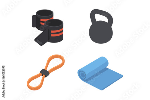 Fitness and gym isometric icon set. Vector illustration of workout equipment for strength training and exercise. Kettlebell, wrist wraps, resistance band and yoga mat.