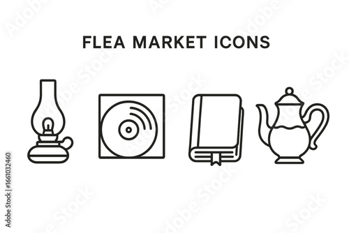 Flea Market Treasures Icon Collection Outline. Antique Oil Lamp, Vinyl Record, Vintage Book, Porcelain Teapot. Retro Collectibles, Secondhand Objects, Minimal Line Art, Isolated Transparent Vector