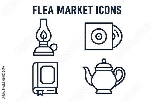 Flea Market Outline Icon Set of Vintage Lamp, Vinyl Record, Old Book, Porcelain Teapot, Antique Collectibles, Retro Objects, Secondhand Treasures Vector Illustration for Transparent Background
