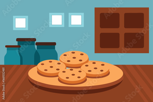 Fresh Baked Cookies on Wooden Kitchen Table Illustration