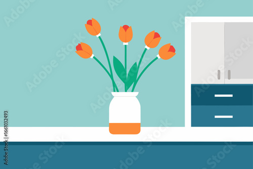 Fresh Flowers in Vase on Kitchen Counter Scene
