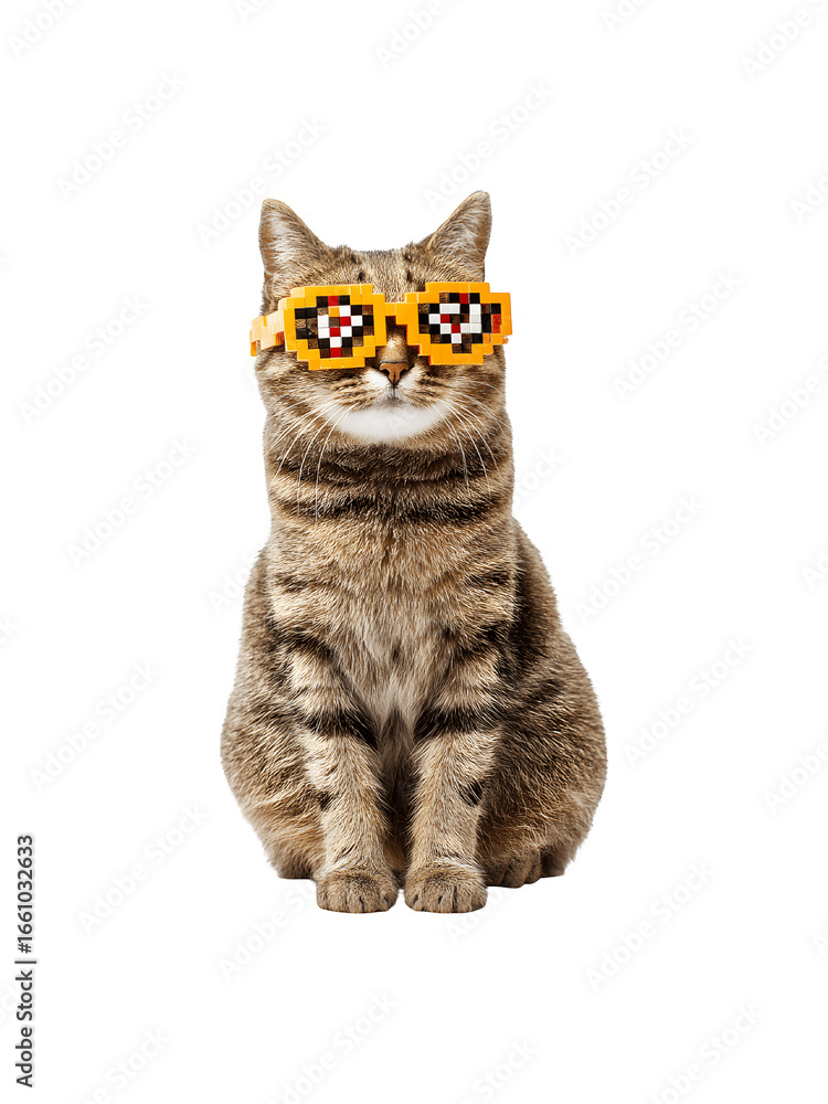 Obraz premium Cute cat wearing pixelated glasses, looking directly at the camera with a playful expression