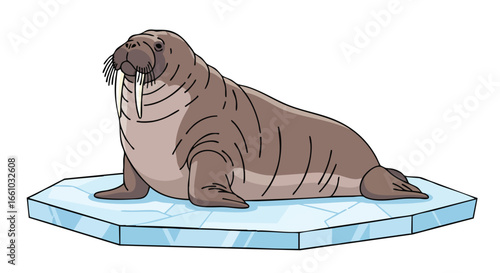Illustrative cartoon walrus resting peacefully on a cool blue ice floe amidst the expansive white arctic landscape symbolizing wildlife protection