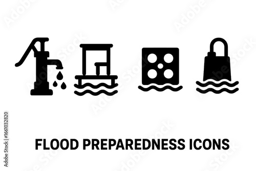 Flood preparedness and disaster prevention vector icon set. Solid filled black icons for water pump, raised furniture, floor drain, sump pump. Emergency response, flood safety, risk mitigation.
