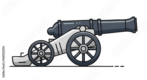 Cartoonish illustration of a vintage cannon artillery piece ready for firing in a retro theme weapon illustration 100 characters