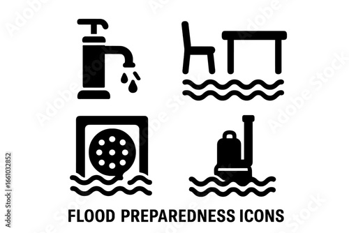 Flood safety prevention solid icons. Water pump, sump pump, raised furniture, floor drain, faucet. Flood preparedness vector set. Disaster management, water damage, rescue equipment illustration.