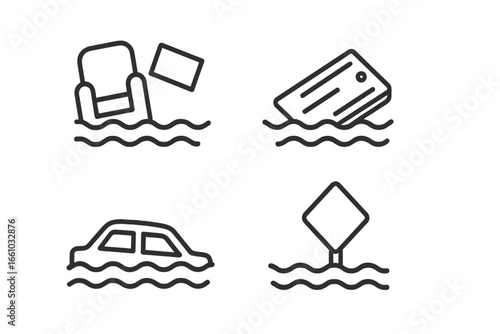 Flooded street disaster vector icons set. Outline symbols of flood damage, submerged car, floating furniture, waterlogged debris, road sign under water. Natural disaster, emergency, flood risk concept