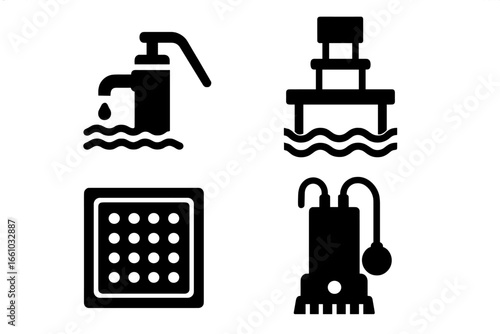 Flood Preparedness Solid Icon Set. Water Pump, Raised Furniture, Floor Drain, Sump Pump, Flooding Protection, Disaster Emergency, Home Safeguard, Water Removal, Vector Illustration, Black Silhouette