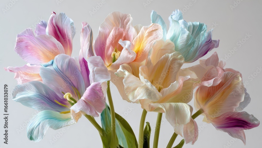 Fototapeta premium Pastel colored tulips in full bloom, vibrant petals, soft light, studio shot