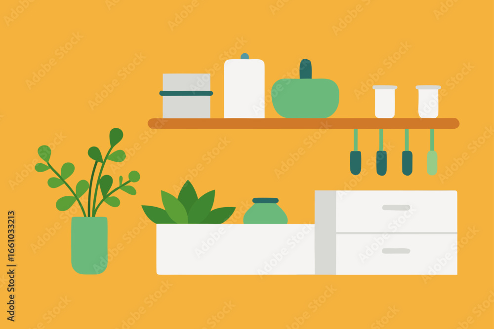 Fototapeta premium Minimalist Kitchen Lifestyle with Herbs and Clean Counter