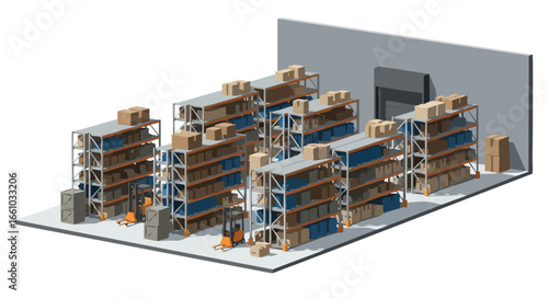Isometric View of a Modern Warehouse Interior with Shelving Units and Forklifts Showing Efficient Logistics 3D Rendering