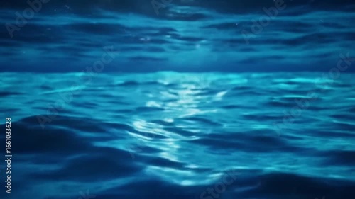Seamless looping underwater animation of deep blue ocean waves with light rays and rippling flow. Ideal for abstract backgrounds, aquatic visuals, meditation themes, and cinematic stock footage.